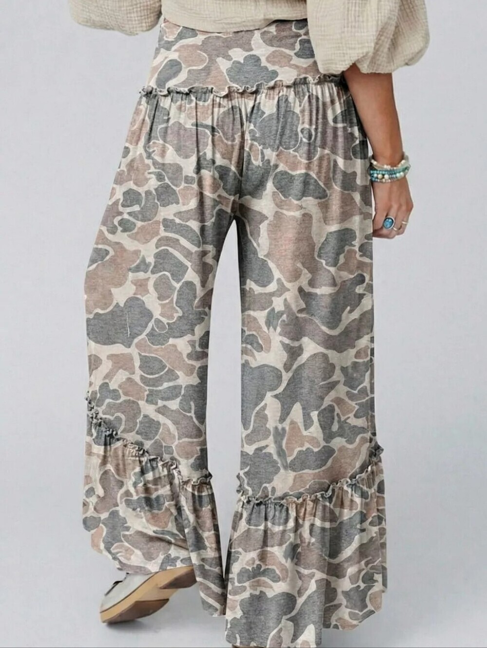 Camo Print Ruffle Hem Wide Leg Pants - Picture 2 of 3